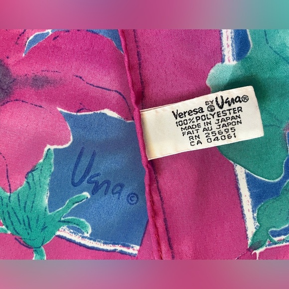 Vintage Veresa by Vera Nuemann 90s Flower & Vines Scarf Pink/Blue Made in Japan - Picture 3 of 4
